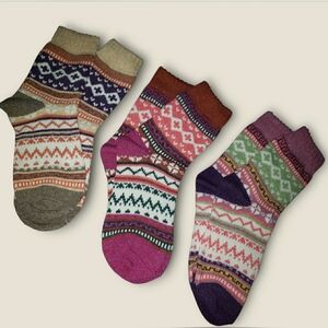 Socks Boho Fair Isle Artisy Nordic Granny Wool Cotton Set 3 M/L New